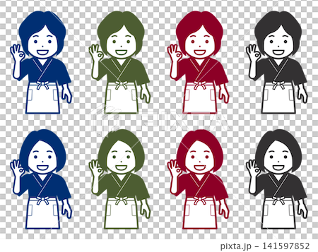 [純色] [不同髮型] 穿著三衣（日本傳統工作服）和圍裙的女性圖標，做出 OK 手勢。 141597852