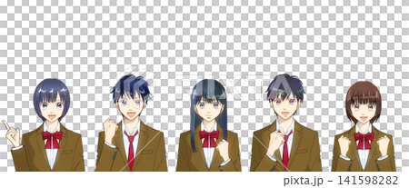 明るく前向きな学生たちのアニメ風イラスト、白バック 明るく前向きな学生たちのアニメ風イラスト、白バック 141598282