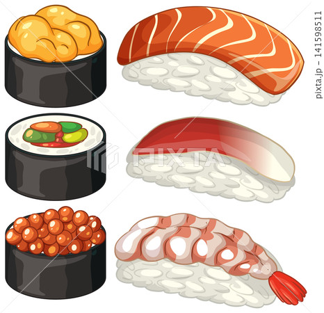 Assorted Japanese Sushi and Nigiri Vector Illustration Set 141598511