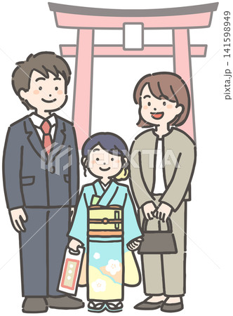 七五三のお詣りで振袖を着た子ども(7歳)と家族 七五三のお詣りで振袖を着た子ども(7歳)と家族 141598949