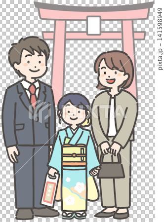 七五三のお詣りで振袖を着た子ども(7歳)と家族 七五三のお詣りで振袖を着た子ども(7歳)と家族 141598949