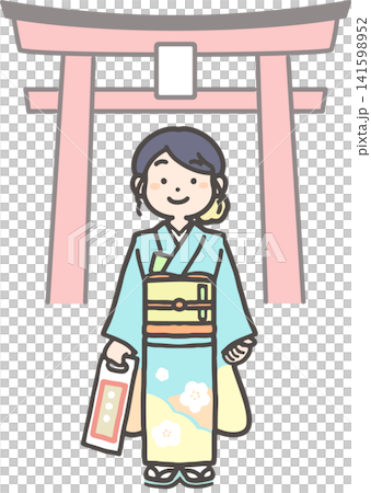 A 7-year-old child wearing a furisode kimono for a Shichi-Go-San (7-5-3) shrine visit. A 7-year-old child wearing a furisode kimono for a Shichi-Go-San (7-5-3) shrine visit. 141598952