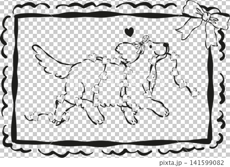 Cute Valentine Dog Stamp Frame Golden Retriever Outline with Heart Garland Whimsical Hand Drawn Cute Valentine Dog Stamp Frame Golden Retriever Outline with Heart Garland Whimsical Hand Drawn 141599082