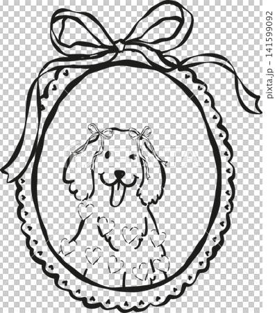 Cute Valentine Dog in Oval Frame Golden Retriever Outline with Hearts Whimsical Hand Drawn 141599092