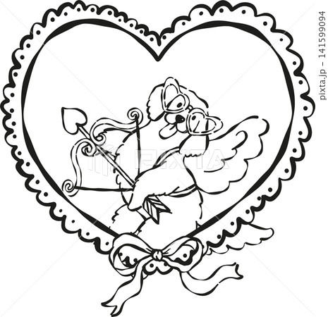 Cute Valentine Dog in Heart Frame Cupid Golden Retriever Outline Whimsical Hand Drawn 141599094