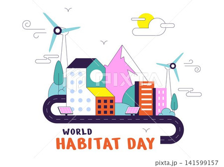 World Habitat Day Illustration Featuring Sustainable Urban Development, Eco Friendly Communities, Green Cities, Renewable Energy, and Modern Living 141599157