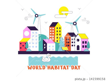 World Habitat Day Illustration Featuring Sustainable Urban Development, Eco Friendly Communities, Green Cities, Renewable Energy, and Modern Living World Habitat Day Illustration Featuring Sustainable Urban Development, Eco Friendly Communities, Green Cities, Renewable Energy, and Modern Living 141599158