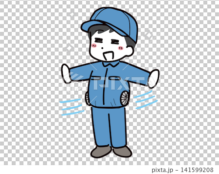 A young man wearing a fan-equipped work suit, looking cool and refreshed (full body, vector). A young man wearing a fan-equipped work suit, looking cool and refreshed (full body, vector). 141599208