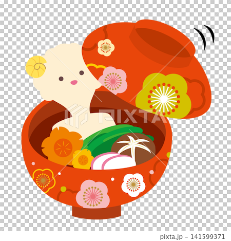 [Chinese Zodiac] Illustration of Kanto-style ozoni (rice cake soup) with mochi shaped like a sheep. 141599371