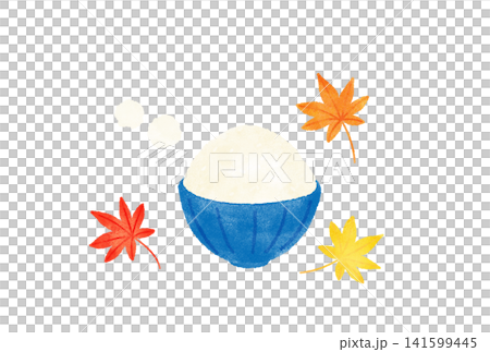 Watercolor illustration of a rice bowl and maple leaves; autumn flavors and new rice Watercolor illustration of a rice bowl and maple leaves; autumn flavors and new rice 141599445