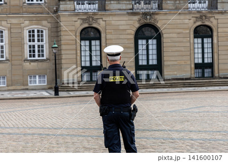 Danish police officer guarding Amalienborg Palace in Copenhagen, Denmark 141600107