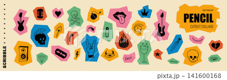 Punk scribble doodle. Hand torn icons. Vector cut outs scrapbook stickers. Y2k metal rock collage. Punk scribble doodle. Hand torn icons. Vector cut outs scrapbook stickers. Y2k metal rock collage. 141600168