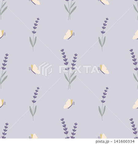 Soft lavender flower and butterfly seamless pattern for fabric, wallpaper, wrapping paper, scrapbook and botanical surface pattern design projects. 141600334
