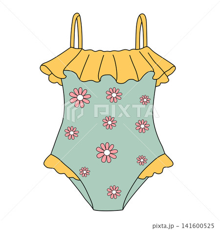 Cute retro floral pattern one piece swimsuit with ruffles for women or kids summer beach vacation fashion clip art Cute retro floral pattern one piece swimsuit with ruffles for women or kids summer beach vacation fashion clip art 141600525