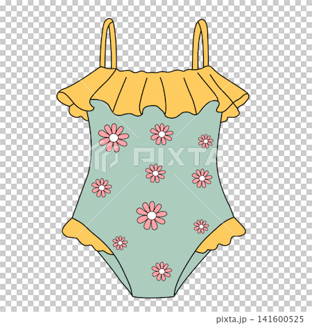 Cute retro floral pattern one piece swimsuit with ruffles for women or kids summer beach vacation fashion clip art Cute retro floral pattern one piece swimsuit with ruffles for women or kids summer beach vacation fashion clip art 141600525