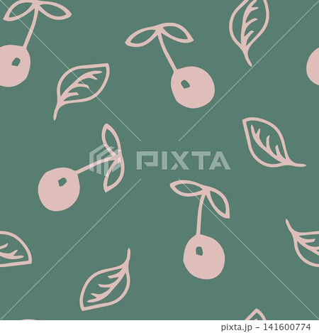 Simple hand-drawn vector seamless pattern. Pink outline cherries, leaves on a gray-green background. Sweet desserts, packaging, textile products, fabrics, paper, cafes. Summer seasonal berries, nature Simple hand-drawn vector seamless pattern. Pink outline cherries, leaves on a gray-green background. Sweet desserts, packaging, textile products, fabrics, paper, cafes. Summer seasonal berries, nature 141600774