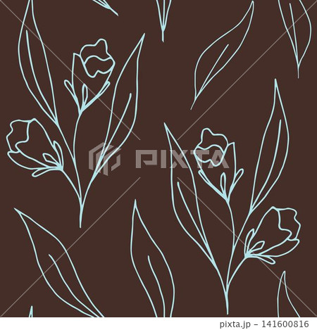 Floral vector seamless pattern. Hand-drawn light turquoise outline of flowers, leaves on a dark brown background. For prints of fabric, textile products, wallpaper, paper. Floral vector seamless pattern. Hand-drawn light turquoise outline of flowers, leaves on a dark brown background. For prints of fabric, textile products, wallpaper, paper. 141600816