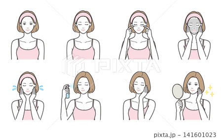女性のスキンケアとフェイスケアのバリエーションイラスト8点セット(パック・ミスト・鏡・表情) 女性のスキンケアとフェイスケアのバリエーションイラスト8点セット(パック・ミスト・鏡・表情) 141601023