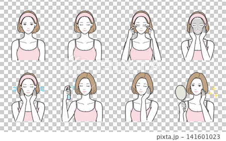 女性のスキンケアとフェイスケアのバリエーションイラスト8点セット(パック・ミスト・鏡・表情) 女性のスキンケアとフェイスケアのバリエーションイラスト8点セット(パック・ミスト・鏡・表情) 141601023