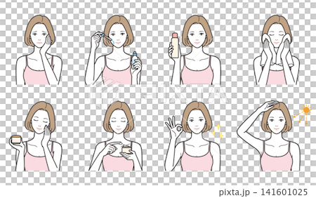 A set of 8 illustrations depicting women's skincare, beauty problems, and cosmetics (dropper, cream, UV care, and concerns). A set of 8 illustrations depicting women's skincare, beauty problems, and cosmetics (dropper, cream, UV care, and concerns). 141601025