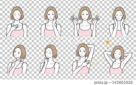 女性のボディケアと脱毛・スキンケアのイラスト8点セット(ワキ・首元・両手OK・UV対策) 女性のボディケアと脱毛・スキンケアのイラスト8点セット(ワキ・首元・両手OK・UV対策) 141601026