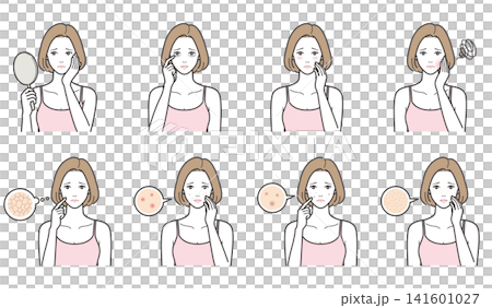 女性の肌トラブルと肌の悩みのイラスト8点セット（乾燥・ニキビ・シミ・毛穴・クマ・赤み） 141601027