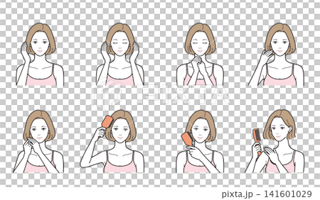 An 8-piece illustrated set of hair care and brushing techniques for a woman with bob hair (hairbrush, comb, hair care, hair quality improvement). An 8-piece illustrated set of hair care and brushing techniques for a woman with bob hair (hairbrush, comb, hair care, hair quality improvement). 141601029