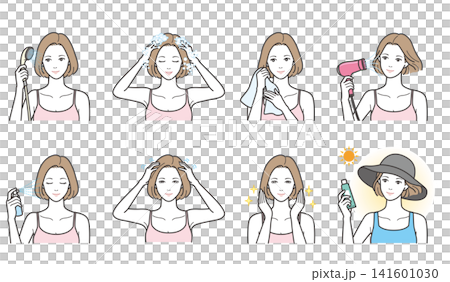 一組 8 幅插圖,描繪了一位女士洗頭、護髮和防紫外線(洗髮精、吹風機、頭皮按摩、帽子)。 一組 8 幅插圖,描繪了一位女士洗頭、護髮和防紫外線(洗髮精、吹風機、頭皮按摩、帽子)。 141601030