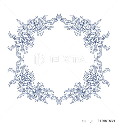 Wreath frame with peony flowers. Vector graphic illustration in blue. Hand-drawn. On a white background. For decorating postcards, invitations, and greetings. For labels, packaging, and more. Wreath frame with peony flowers. Vector graphic illustration in blue. Hand-drawn. On a white background. For decorating postcards, invitations, and greetings. For labels, packaging, and more. 141601034