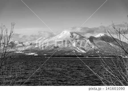 枝越しの冬の猪苗代湖と磐梯山 a-5 モノクロ 枝越しの冬の猪苗代湖と磐梯山 a-5 モノクロ 141601090