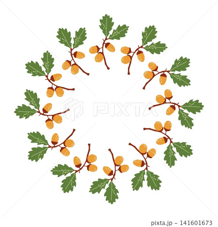 Oak branches with acorns circular frame on white background Oak branches with acorns circular frame on white background 141601673
