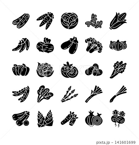 Vegetable icon set featuring organic vegetables, healthy ingredients, and fresh farm food elements in solid style. Perfect for grocery stores, healthy lifestyle content and restaurant menus design. Vegetable icon set featuring organic vegetables, healthy ingredients, and fresh farm food elements in solid style. Perfect for grocery stores, healthy lifestyle content and restaurant menus design. 141601699