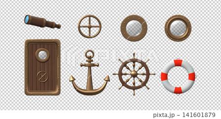 Submarine door with a circular wheel lock and portholes, vintage anchor and ship steering wheel realistic 3D vector set Submarine door with a circular wheel lock and portholes, vintage anchor and ship steering wheel realistic 3D vector set 141601879