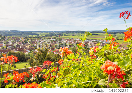 Colmberg, historic small town in region of Bavaria in Germany, Europe. Vibrant Red Geraniums Frame a Picturesque European Village in a Lush Green Valley on a Sunny Day Colmberg, historic small town in region of Bavaria in Germany, Europe. Vibrant Red Geraniums Frame a Picturesque European Village in a Lush Green Valley on a Sunny Day 141602285