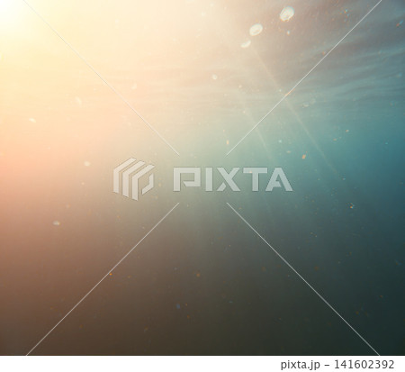 Sunlight streams through clear ocean water illuminating tiny floating particles and small jellyfish in a peaceful aquatic environment Sunlight streams through clear ocean water illuminating tiny floating particles and small jellyfish in a peaceful aquatic environment 141602392