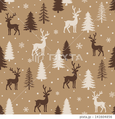 Christmas seamless pattern with reindeer silhouettes, fir trees, snowflakes, and falling snow on warm brown winter background 141604856