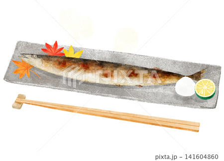 さんまの塩焼きの水彩イラスト お箸付き さんまの塩焼きの水彩イラスト お箸付き 141604860