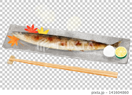 さんまの塩焼きの水彩イラスト お箸付き さんまの塩焼きの水彩イラスト お箸付き 141604860