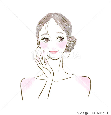 頬に手を当ててスキンケアの効果を実感している女性のイラスト　線画イラスト 141605481