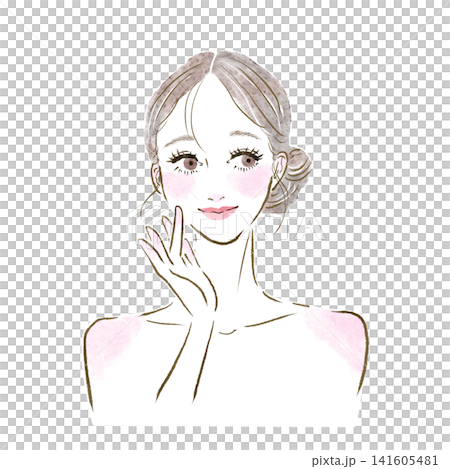 頬に手を当ててスキンケアの効果を実感している女性のイラスト　線画イラスト 141605481
