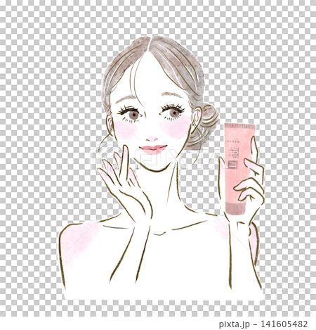 描繪女性使用化妝品進行皮膚護理的美麗插畫。 描繪女性使用化妝品進行皮膚護理的美麗插畫。 141605482