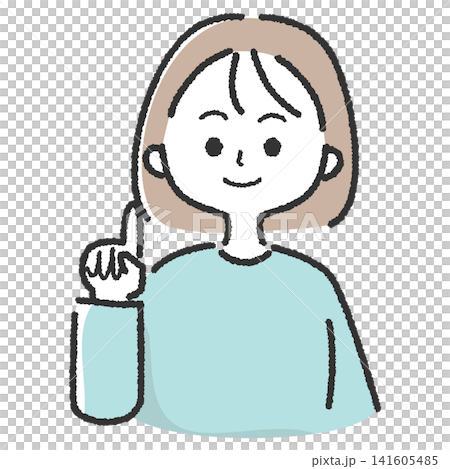 一幅簡單的插圖,描繪了一位微笑的女士舉起她的食指。 一幅簡單的插圖,描繪了一位微笑的女士舉起她的食指。 141605485