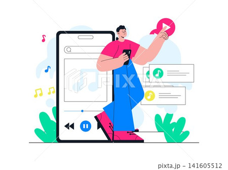 Viral Tunes Vector Illustration Featuring Music Streaming App, Trending Audio Tracks, Mobile Listening, Social Media Sharing and Digital Entertainment 141605512