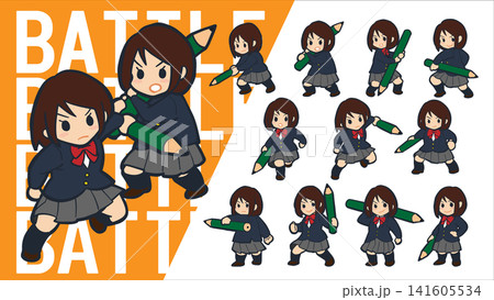 鉛筆を武器に戦うブレザーを着た女子生徒のベクターイラストセット素材 141605534