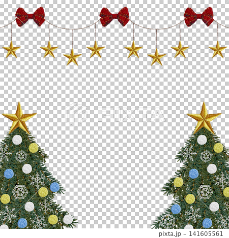 【クリスマスツリーとリボンと星のガーランドのフレーム】手刺繍イラスト素材 141605561