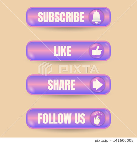 A comprehensive set of modern purple glossy 3D social media action buttons featuring subscribe with bell icon, like with thumbs up, share with arrow, and follow us with hand cursor designed for digita 141606009