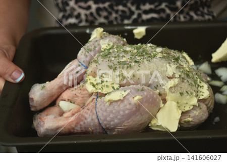 Close up of woman's hands holding a prepared and seasoned chicken in a dish before cooking in the oven, showing a homemade meal preparation moment. 141606027