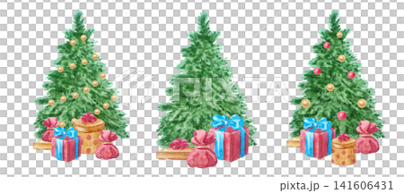 Watercolor christmas tree set with colorful gift boxes and festive ornaments. Hand drawn winter holiday illustration collection isolated on element background. Detailed beautiful artwork. 141606431