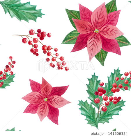 Watercolor christmas seamless pattern with festive holiday winter poinsettia flower red berry branch backdrop. Hand drawn holly leaf botanical illustration element. Repeatable textile wallpaper art. Watercolor christmas seamless pattern with festive holiday winter poinsettia flower red berry branch backdrop. Hand drawn holly leaf botanical illustration element. Repeatable textile wallpaper art. 141606524