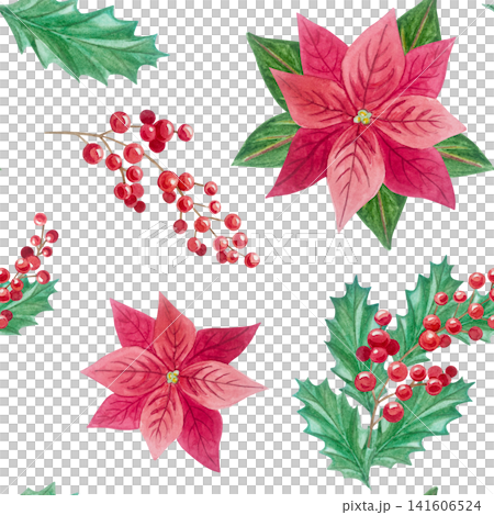Watercolor christmas seamless pattern with festive holiday winter poinsettia flower red berry branch backdrop. Hand drawn holly leaf botanical illustration element. Repeatable textile wallpaper art. Watercolor christmas seamless pattern with festive holiday winter poinsettia flower red berry branch backdrop. Hand drawn holly leaf botanical illustration element. Repeatable textile wallpaper art. 141606524